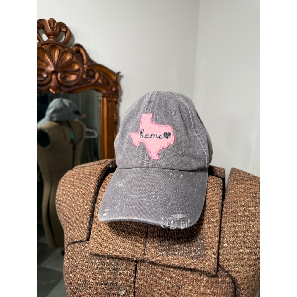Home Free Texas Home Embroidered Distressed Baseball Cap Gray Pink Adjustable